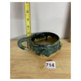 STUDIO POTTERY MUG, FISH FORM, GREEN AND YELLOW