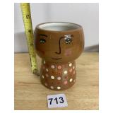 CERAMIC PLANTER, FACE DESIGN, BROWN GLAZE, POLKA