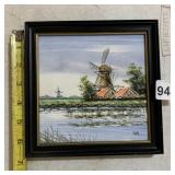 WINDMILL LANDSCAPE PAINTING, SIGNED VB, BLACK AND