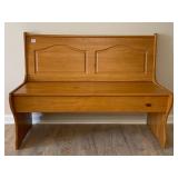 WOOD STORAGE STOOL, HINGED SEAT, ARCHED BACKREST,