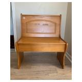 WOOD STORAGE STOOL, HINGED SEAT, ARCHED BACKREST,