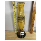 AMBER GLASS VASE, HAND-PAINTED FLORAL LATTICE