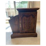 WOOD MAGAZINE STOOL, WHEAT SHEAF CARVING, BRASS