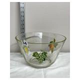 CLEAR GLASS SERVING BOWL, FRUIT DECAL DECORATION,