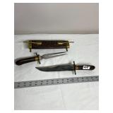 CARVING SET, KNIFE AND FORK, CARVED WOOD HANDLES,