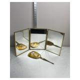 TRIPLE FOLD VANITY MIRROR, BRASS FRAME, MATCHING
