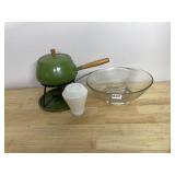 ENAMEL FONDUE POT, GREEN, WOOD HANDLE, METAL