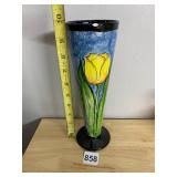 ART GLASS VASE, HAND PAINTED YELLOW TULIP MOTIF,