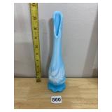 ART GLASS BUD VASE, BLUE AND WHITE SWIRL CASED