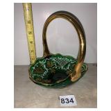 EMERALD GREEN GLASS BASKET, GOLD GILT HANDLE,