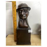 BRONZE-TONE BUST OF MAN IN HAT, MOUNTED ON DARK