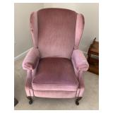 WINGBACK RECLINER, PINK VELVET UPHOLSTERY,