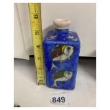 SQUARE CERAMIC BOTTLE, BLUE GLAZE, HAND-PAINTED