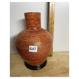 CERAMIC VASE, WOVEN BASKET-WEAVE TEXTURE, BROWN