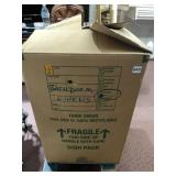 CARDBOARD MOVING BOX, LABELED BATHROOM LINENS,