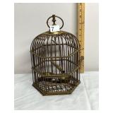BRASS BIRD CAGE, HEXAGONAL FORM, HANGING RING,