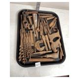 ASSORTED HAND TOOLS, INCLUDES AUGER BITS,