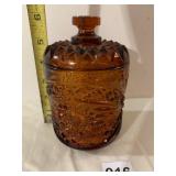 AMBER PRESSED GLASS COVERED CANDY DISH, DIAMOND