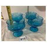 BLUE PRESSED GLASS FOOTED DESSERT BOWLS, FLORAL