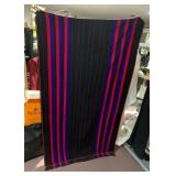 WOVEN TEXTILE THROW, BLACK, RED, AND BLUE STRIPED
