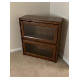 OAK BOOKCASE, TWO-TIER, SLIDING GLASS DOORS,