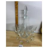CRYSTAL DECANTER AND STEMWARE SET, ETCHED FLORAL