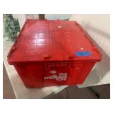 THE STORAGE TOTE, RED PLASTIC STORAGE BIN, HINGED
