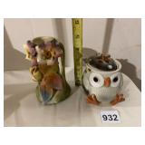 FITZ AND FLOYD OWL JAR, HAND-PAINTED FLORAL VASE,