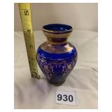 COBALT BLUE GLASS VASE, GILT FLORAL DECORATION,