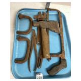 ASSORTED HAND TOOLS, INCLUDES HATCHET, HACKSAW,