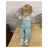 PORCELAIN COLLECTOR DOLL, BLONDE CURLS, PLAID