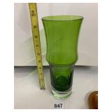 ART GLASS VASE, LIME GREEN, FLARED RIM, CLEAR