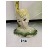 CERAMIC LADY HEAD VASE, BLONDE HAIR, BLUE EYES,