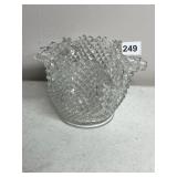 CLEAR PRESSED GLASS BASKET, RUFFLED RIM, DIAMOND