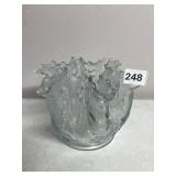 CLEAR PRESSED GLASS BASKET, RUFFLED RIM, FLORAL