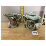 PORCELAIN CREAMER AND COVERED SUGAR BOWL, TEAL