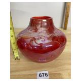 ART GLASS VASE, RED IRIDESCENT FINISH, SWIRLED