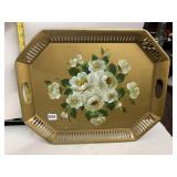 METAL SERVING TRAY, GOLD FINISH, PIERCED BORDER,