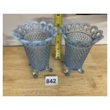 BLUE OPALESCENT GLASS VASES, LATTICE PATTERN,
