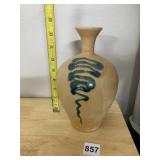 STUDIO POTTERY VASE, TAN GLAZE, BLUE SWIRL