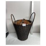 WOVEN SPLINT BASKET, DARK STAIN, DUAL HANDLES,