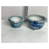 CERAMIC PLANTER SET, TRIPOD BASE, BLUE AND WHITE,