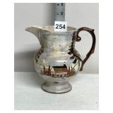 LUSTREWARE PITCHER, HAND-PAINTED CABIN SCENE,