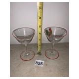 COCKTAIL GLASSES, CLEAR GLASS, RED RIM, ROOSTER