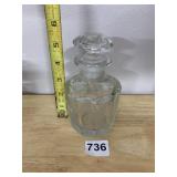CRYSTAL DECANTER, FACETED STOPPER, ETCHED FLORAL