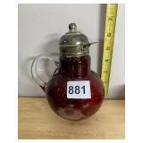 RUBY FLASH GLASS DECANTER, ETCHED FLORAL DESIGN,