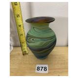 ART GLASS VASE, IRIDESCENT SWIRL PATTERN, GREEN
