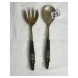 BRASS SALAD SERVERS, HORN HANDLES, INLAID