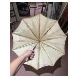 ANTIQUE UMBRELLA, ORNATE CAST METAL HANDLE, WOOD