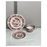 ADAMS ENGLISH SCENIC TEA CUP, SAUCER, PLATE, RED